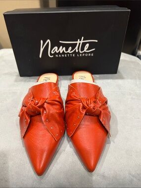 Nannette  Knotted Leather Pointed Mules with Stud Accents